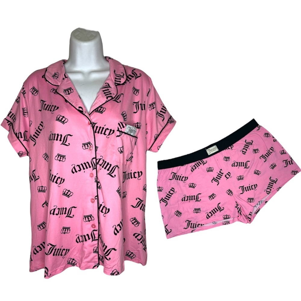 Juicy Couture ✨ two piece monogram pink with silver “juicy” logo pj set